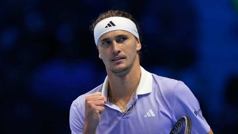 Germany's Alexander Zverev celebrates after winning the singles tennis match of the ATP World Tour Finals against Norway's Casper Ruud
